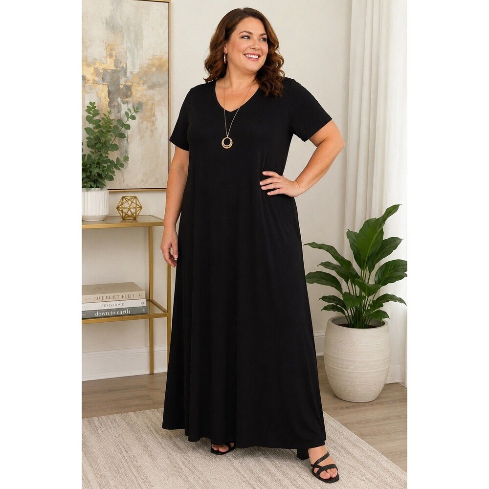 Attitudes Renee Black Maxi Dress 2X V Neck Stretch Short Sleeve Plus Womens QVC